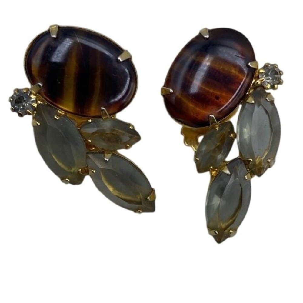 Clip-On Earrings Good Vintage Tiger Eye Glass Cluster Gold Toned